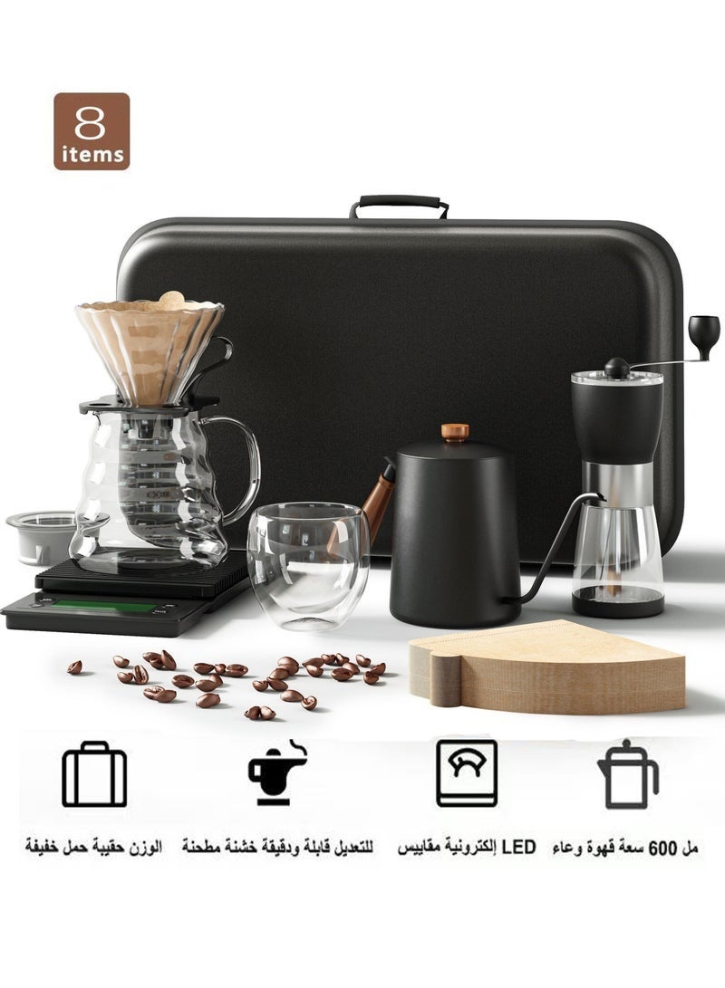 Arabest 8-Piece V60 Coffee Set Drip Coffee Maker with Goose Neck Kettle Digital Scale Double Walled Glass Mug Glass Server Manual Grinder Glass Dipper 100 pcs Paper Filter and Scope for Drip Coffee - Image 1